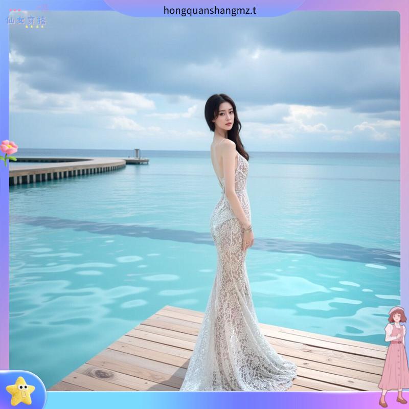 SYNTHESIS OF PARTY DRESSES - ชุดเดรสดีไซน์ด้วยลูกไม้และคล้องคอยาว สีครีม 2 ชั้น สวยสุดๆสําหรับงานปาร
