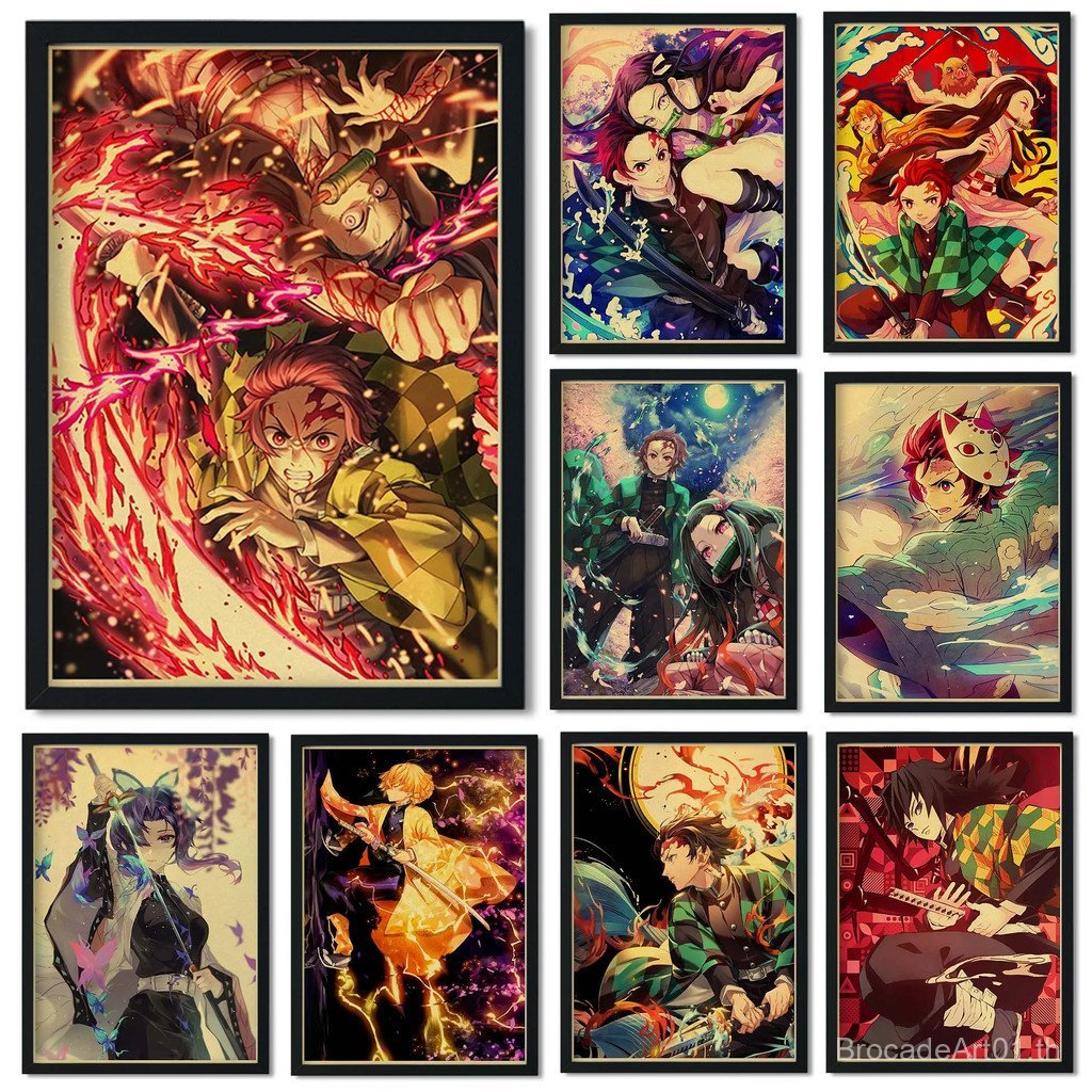 Demon Slayer อะนิเมะญี่ปุ่น Retro การ์ตูนภาพวาดภาพบาร์ Cafe เด็กห้องนั่งเล่น Study Wall Art ตกแต่งบ้