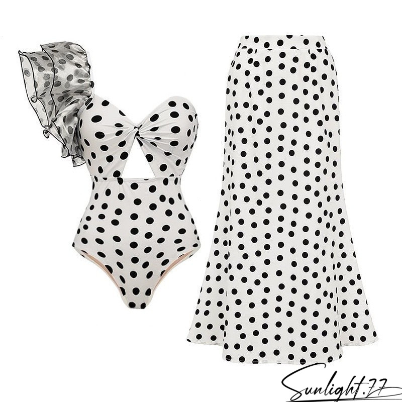 แฟชั่น Polka Dot ชุดว่ายน้ําวันพีซสุภาพสตรีชุดว่ายน้ําชุดผ้ากอซกระโปรงชายหาด