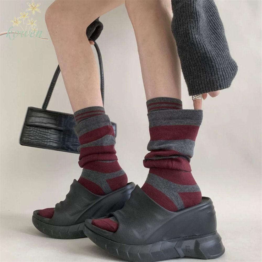 KOWEN 4 คู่ถุงเท้าลายกอง,อบอุ่นปลอมสองชิ้น Ruffle Stripe Stocking, หนาสบายหลวมยืดหยุ่นผู้หญิงอุ่นขาส