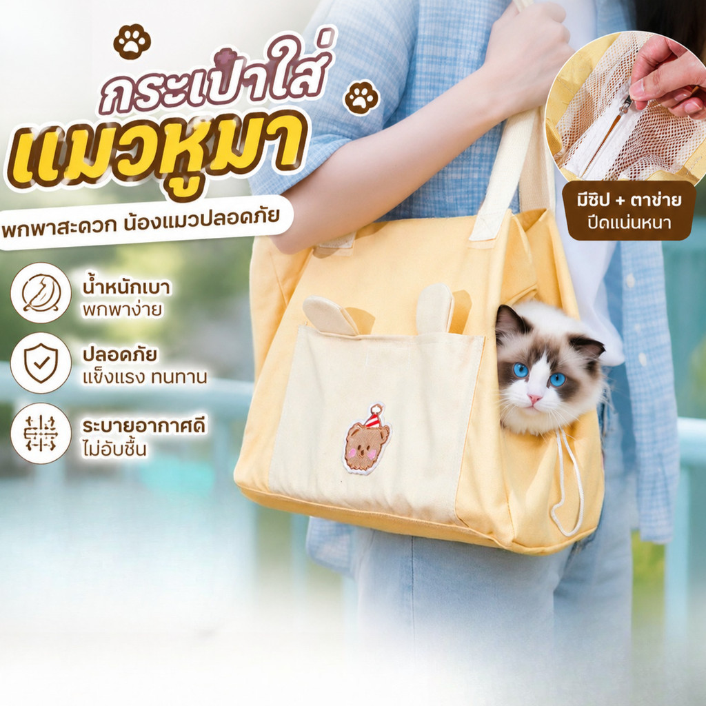 กระเป๋าใส่แมวหมาโผล่หัว เนื้อผ้าระบายอากาศดี ปลอดภัย น้องนั่งเบาะในกระเป๋าได้สบาย เหมาะพาเที่ยว