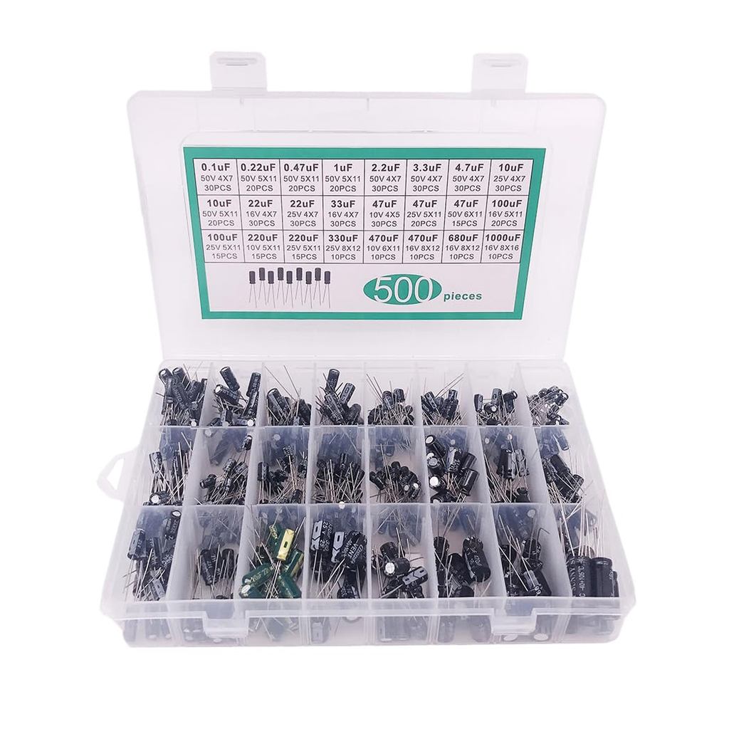 HiLetgo 500pcs Electrolytic Capacitor Assortment Kit กล่อง 0.1uF-1000uF 24 ค่าผสม DIP Electrolytic C