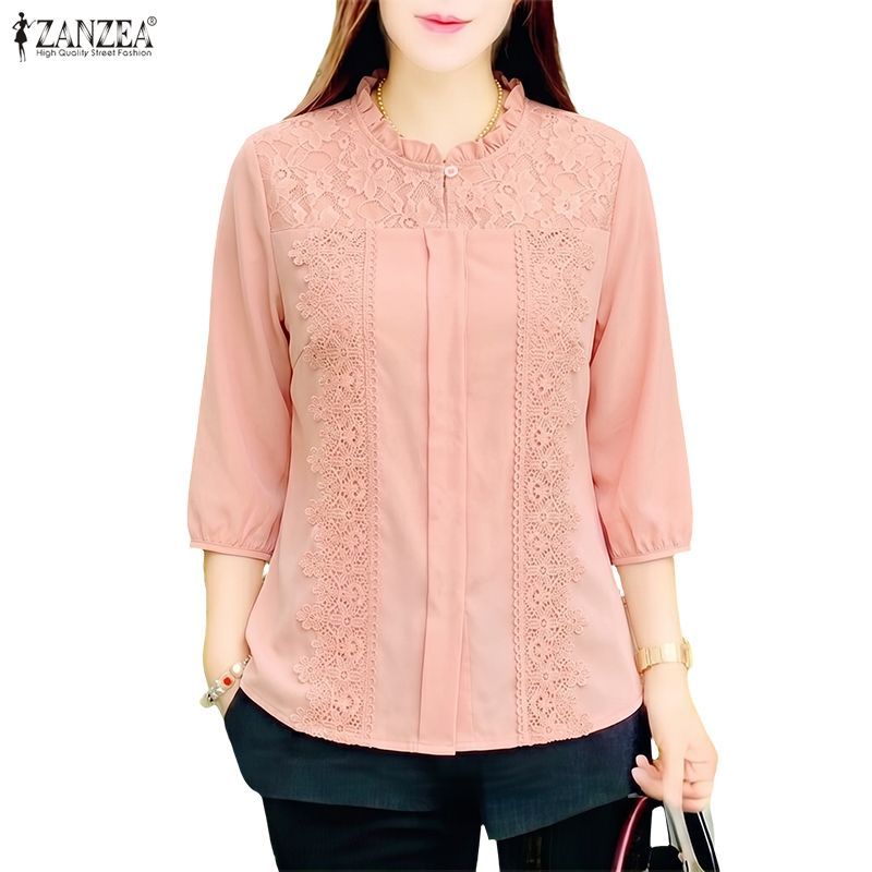 ZANZEA เสื้อลูกไม้คอกลม 3/4 สําหรับผู้หญิงเกาหลี — صورة 6