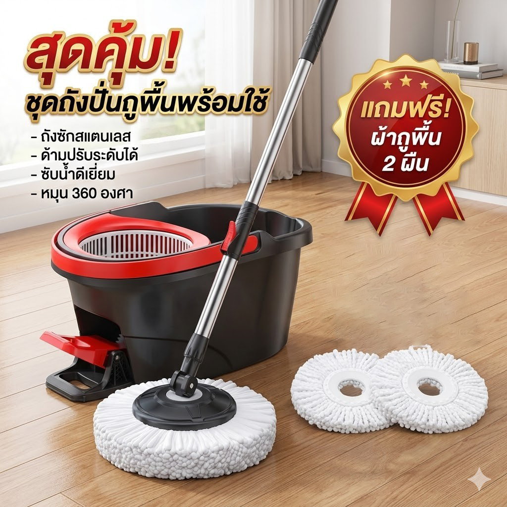 ถังปั่นแบบเหยียบ ไม่ต้องกดให้เมื่อย ไม้ถูพื้นถังปั่น Lazy mop ไม้ถูพร้อมถังปั่น ถังปั่นสแตนเลส ชุดถังปั่นม๊อบ