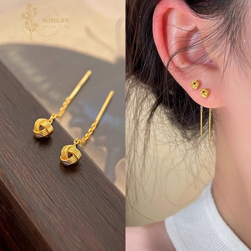 Roselife คลาสสิก 1 คู่ 14K Gold Lucky Knot พู่โซ่ Drop ต่างหูสําหรับผู้หญิง Hypoallergenic พันกันหูเครื่องประดับ