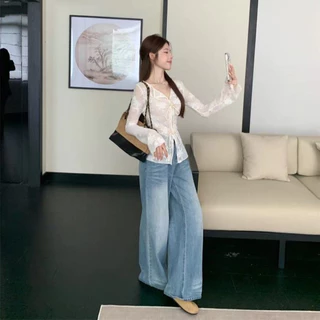 เสื้อเชิ๊ตพื้นผิวฝรั่งเศสสำหรับผู้หญิงฤดูใบไม้ผลิและฤดูร้อนเสื้อลูกไม้บาง jacquard เสื้อป้องกันแสงแดดเสื้อแขนระฆังบาง