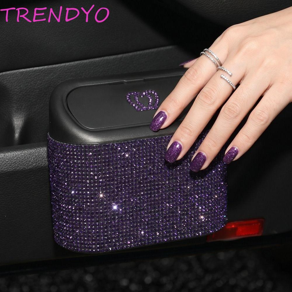 TRENDYO ถังขยะในรถยนต์, ตะกร้าแขวนถังขยะหลังเบาะรถยนต์ Rhinestone, อเนกประสงค์แบบถอดได้ป้องกันการรั่วพร้อมฝาปิดถังขยะแบบพกพาหอพักห้อง