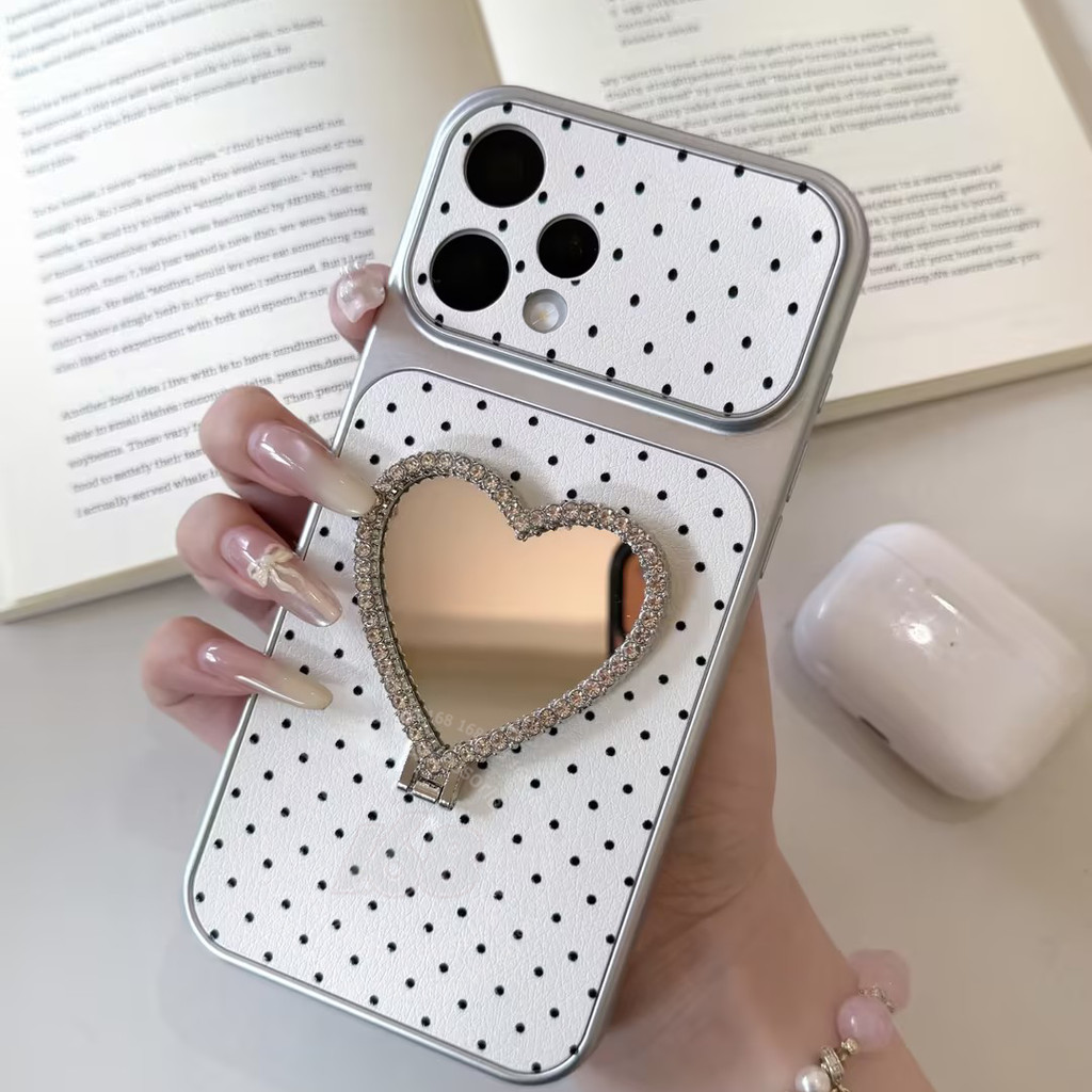 เคส OPPO Reno 16 15 15F 5G เคส OPPO Reno 16 15 Pro Max 5G เคสลายจุดโพลก้า สไตล์อินดี้สดใส กันกระแทก พร้อมที่ยึดโทรศัพท์รูปหัวใจ กระจกเพชร เคสหนังด้าน