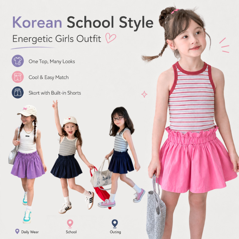 เด็กผู้หญิง ชุดสไตล์เกาหลีโรงเรียน | เสื้อกล้ามลายทาง + เอวยางยืด Anti-Exposure Skort Set