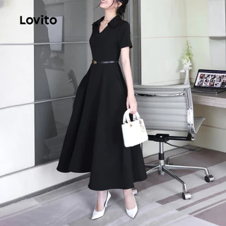Lovito สง่างาม ชุดเดรสดำ ช่องใส่ของ คลาสสิก และอเนกประสงค์ สำหรับหญิงสาวในฤดูใบไม้ผลิ/ฤดูร้อน L138ED216