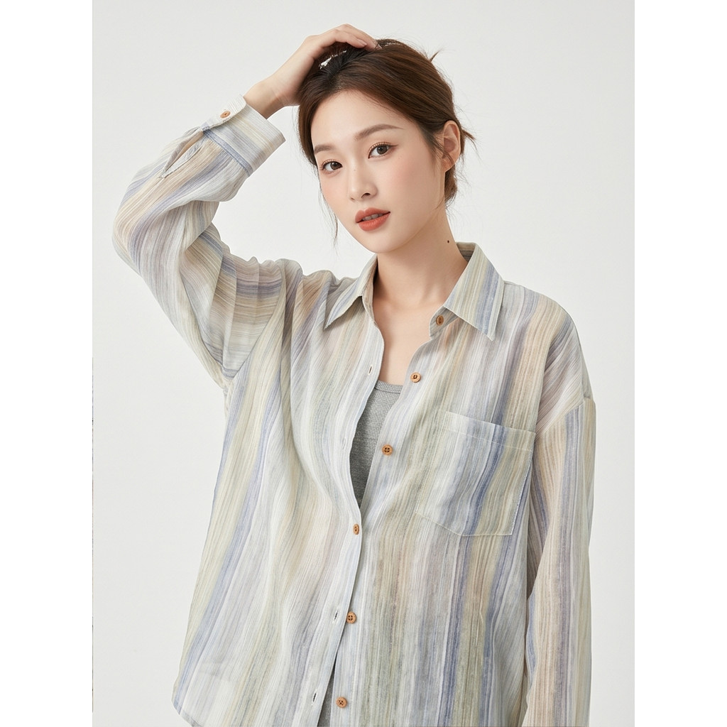 [พร้อมส่ง]✨ PKB2006 เสื้อเชิ้ตลายทางผู้หญิง คอปกแขนยาว ทรงหลวม เนื้อผ้านิ่ม ฟรีไซส์ อก 46 เสื้อน่ารั