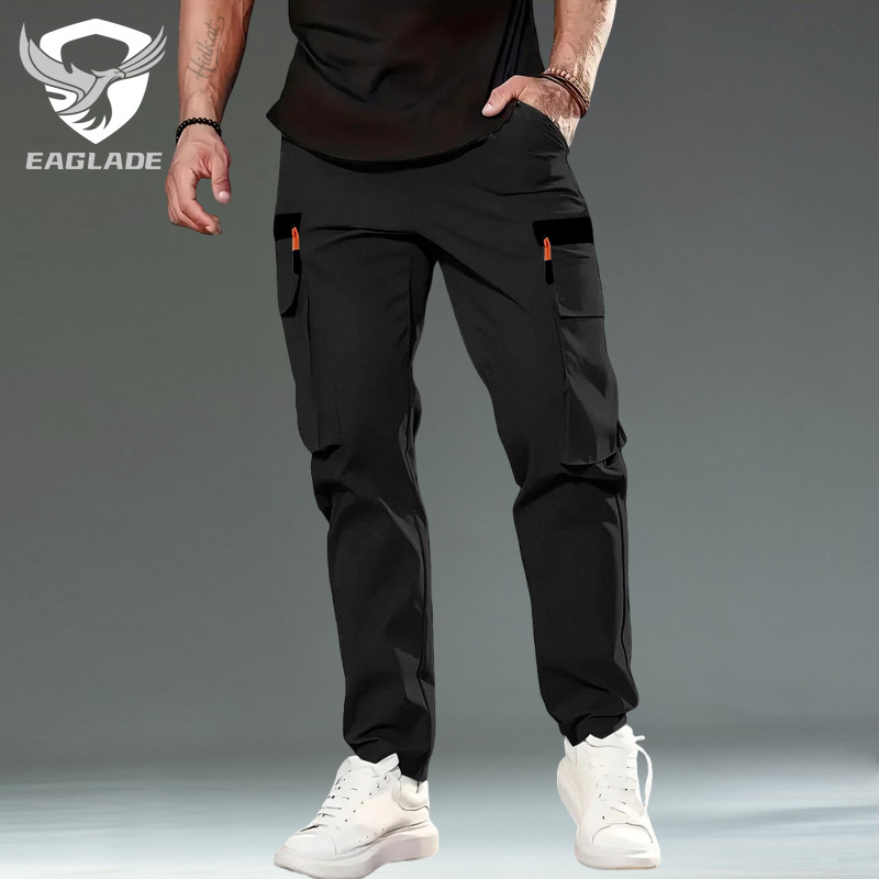 EAGLADE Jogger กางเกงยืดทรงแบ๊กกี้สำหรับชาย สีดำ ระบายอากาศได้ดี
