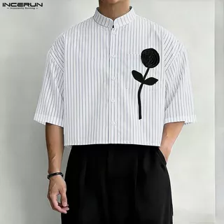 INCERUN เสื้อผู้ชายสไตล์เกาหลี คอตั้งแขนครึ่งลายทาง ออกแบบด้วยการเชื่อมต่อแบบ 3D ดอกไม้