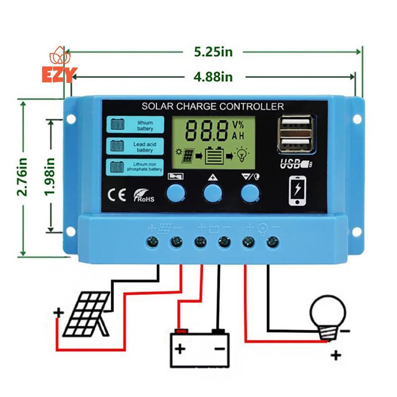 EZY 30A 20A 10A Solar Charge Controller 12V 24V Auto แผงพลังงานแสงอาทิตย์ PV LCD Controller สําหรับแ