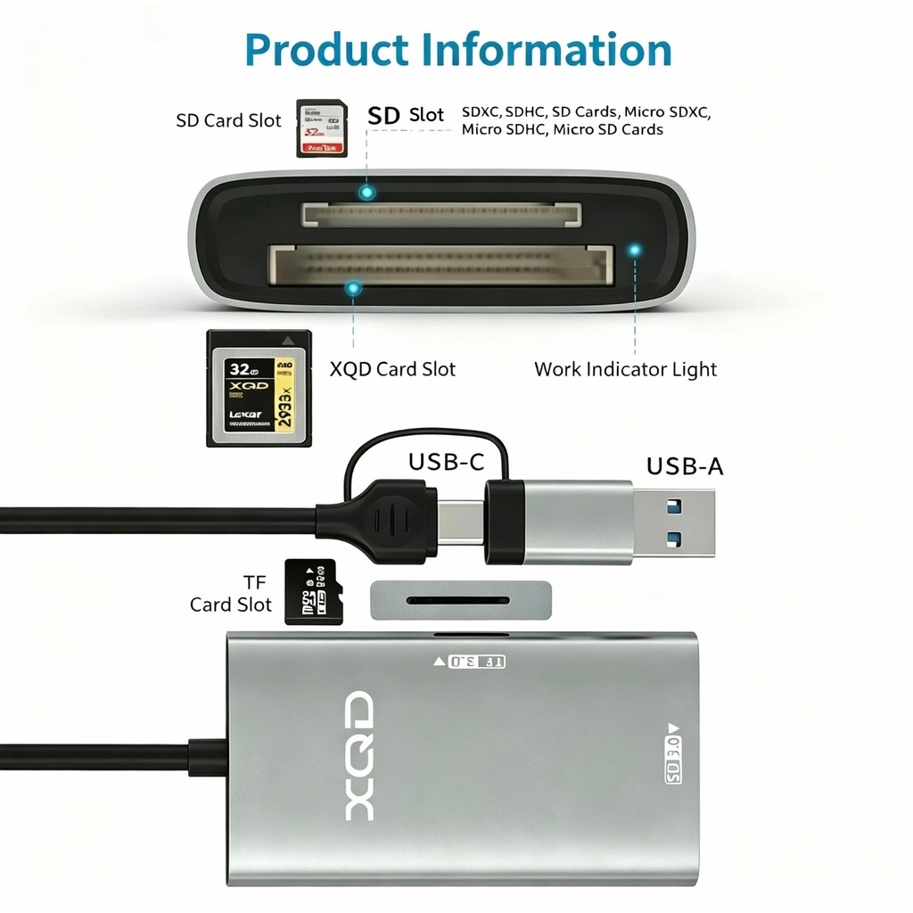 2 in 1 Type-C/USB To XQD SD TF Card Reader USB C 3.0 การ์ดหน่วยความจําใช้งานร่วมกับ Nikon Sony G/M S