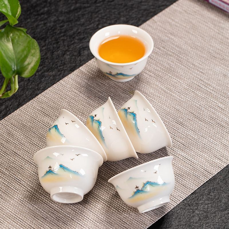 White Porcelain Suet Jade ชุดชากังฟูหกชิ้นถ้วยชาถ้วยชาเซรามิคดื่ม#白瓷羊脂玉六只装功夫茶具套装品茗杯茶杯陶瓷喝4/22
