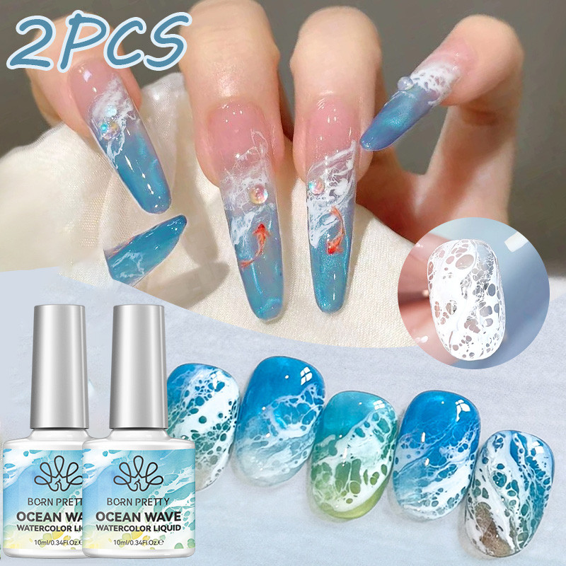 BORN PRETTY 2 ชิ้นสีขาว Bubble Ocean Wave เล็บเจลสีขาวลูกไม้ Hollow Gradient สีเล็บจิตรกรรมเจลเคลือบเงาฤดูร้อนเล็บ Poke เคลือบเงา 10 มิลลิลิตร