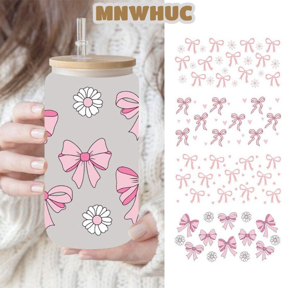 MNWHUC UV DTF Transfer Sticker, Waterproof Smooth Wrap Stickers, Pink Bow Decals สําหรับถ้วยแก้ว 16O