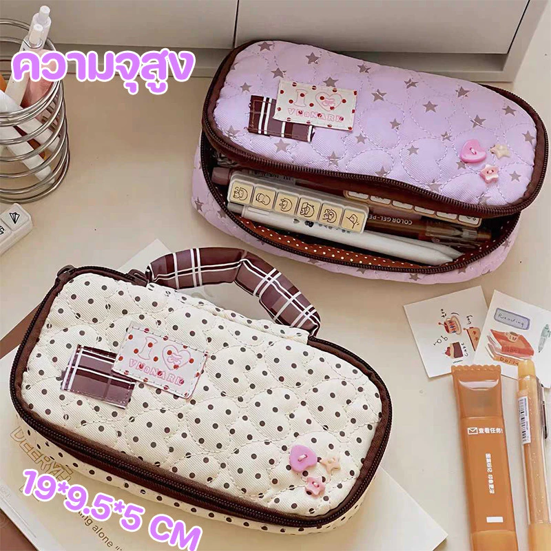 Dot ผ้ากล่องดินสอ กระเป๋าเก็บอุปกรณ์เครื่องเขียน Polka Dot Star Moon Pattern เหมาะเก็บอุปกรณ์สำนักงานจุสิ่งของได้มาก