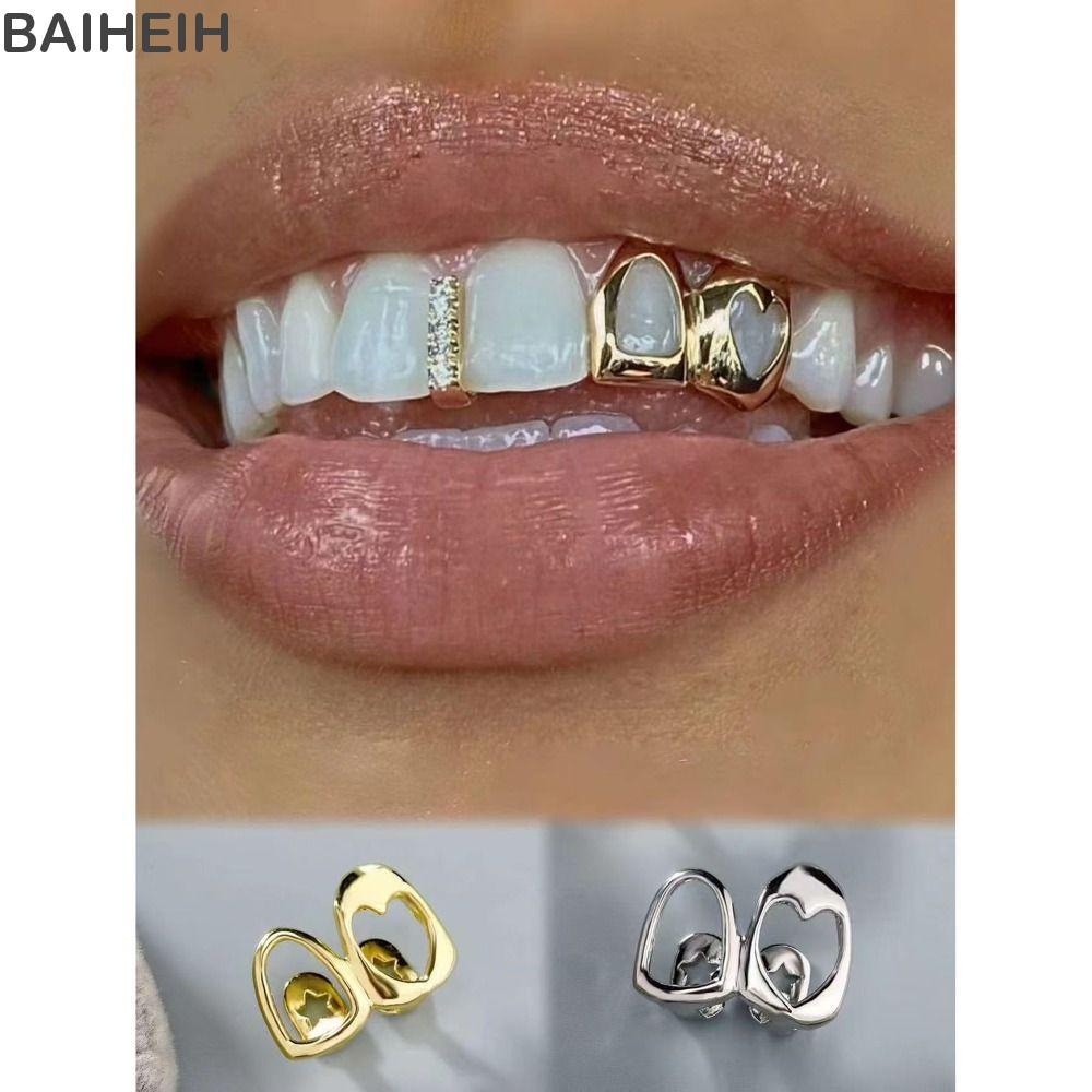 BAIHEIH Grillz, ทองแดงเงา Hip Hop ฟัน Grillz, หัวใจคู่สีทอง Hollow Heart ฟันหมวกฟันเครื่องประดับ