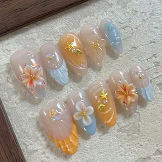 3D Sea Shell & Heart เล็บเจลมือวาดวันหยุดฤดูร้อนกดบนเล็บ