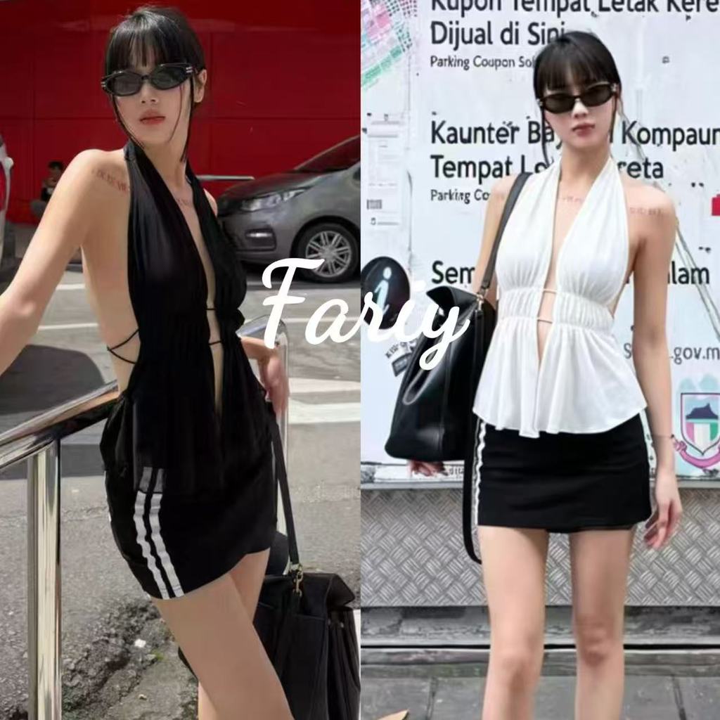 Fariy🍒คลังสินค้าพร้อม🍒 เสื้อกั๊กแขนกุดคอ halter ทรงเซ็กซี่สไตล์ยุโรปและอเมริกาสำหรับผู้หญิง ช่วยให้เอวดูเพรียวบาง เสื้อผูกหลังสั้น