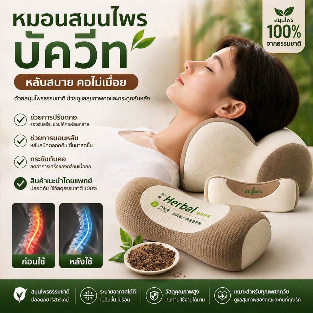 หมอนรองคอบัควีทสมุนไพรตามหลักสรีรศาสตร์ป้องกันกระดูกสันหลังส่วนคอสุขภาพหมอนปรับได้