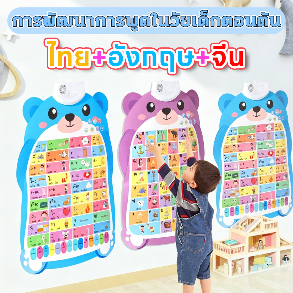 โปสเตอร์พูดได้สามภาษา การส่งเสริมพัฒนาการของเด็ก แผ่นพูดได้ภาษาไทย อังกฤษ จีน โปสเตอร์เรียนรู้ภาษาเด็ก ใช้ถ่านได้