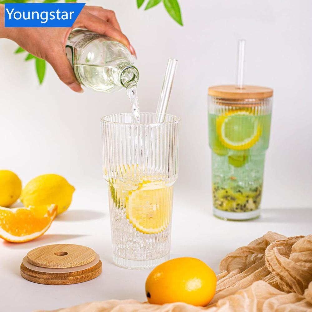 FYY 20oz Borosilicate ถ้วยแก้วพร้อมฝาปิดและฟางลายเส้นแนวตั้ง Tumbler สําหรับกาแฟเย็นน้ําผลไม้ Smooth