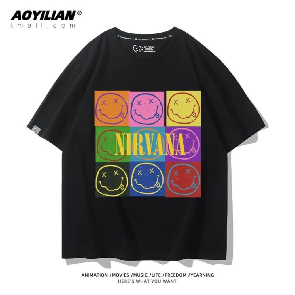 ฤดูร้อนรอบคอ Nirvana Nirvana Orchestra Merchandise Rainbow สีโลโก้การพิมพ์ขนาดใหญ่ Breathable เสื้อย