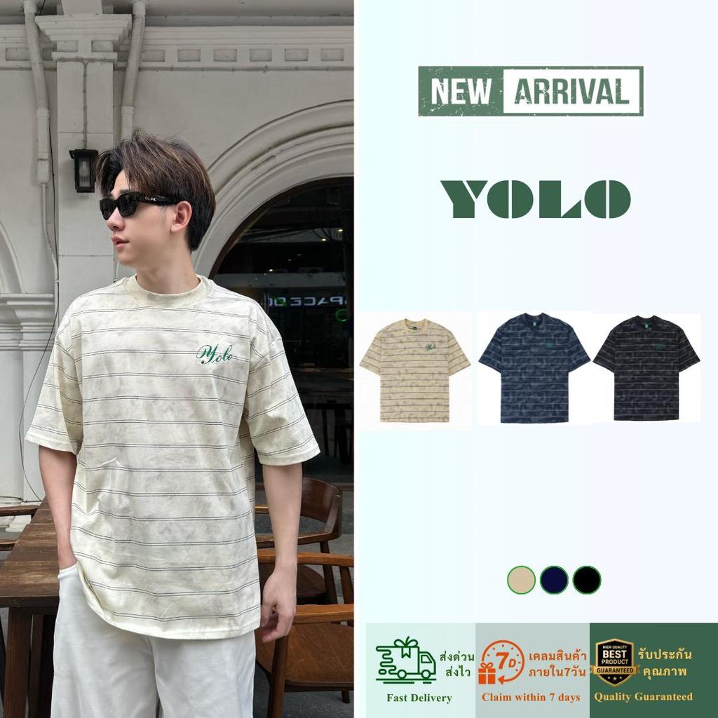 YOLO เสื้อยืดลายทาง OVERSIZE เสื้อยืดลายทางโอเวอร์ไซส์ เสื้อคอตตอน คอกลม แนวสตรีท Y2626