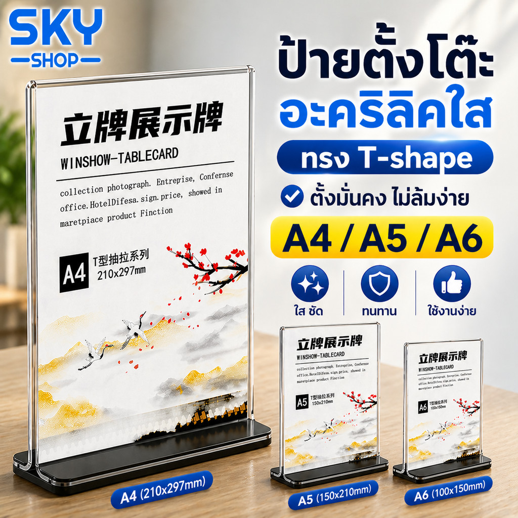 SKY ป้ายตั้งโต๊ะอะคริลิค L-shape A4 A5 แนวตั้ง แนวนอน หนา2mm ป้ายเมนู ป้ายโชว์เอกสาร ป้ายโบรชัวร์ Acrylic Sign