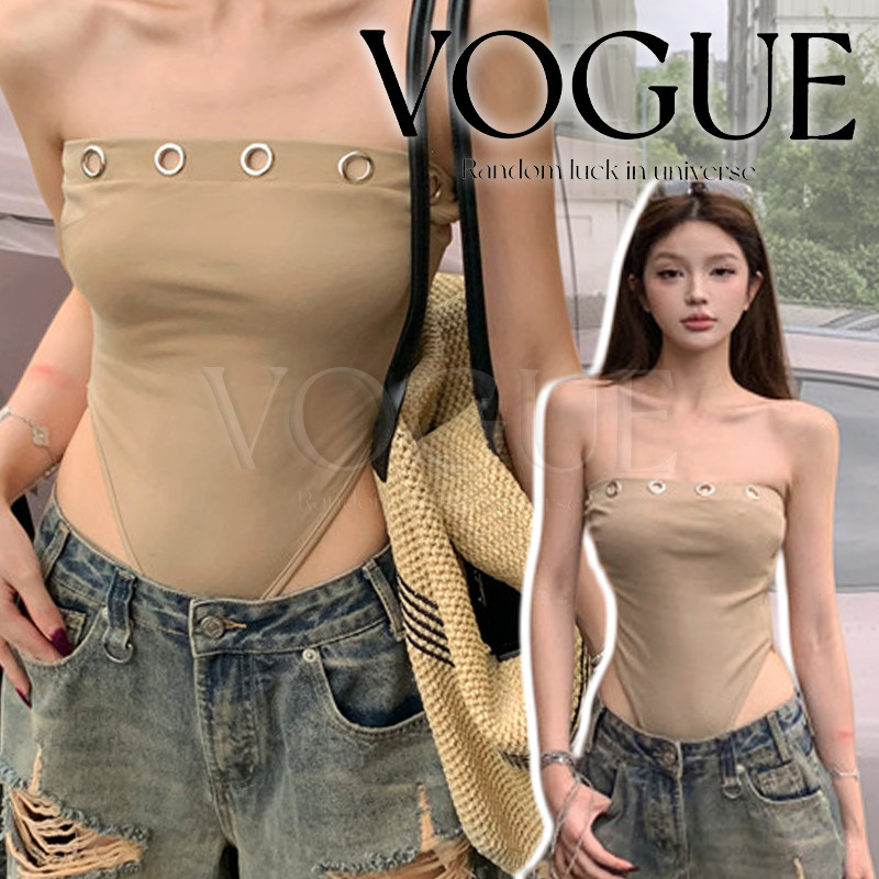 Vogue🌟พร้อมส่ง🌟 เสื้อเกาะอกบอดี้สูทเว้าสูง แต่งอะไหล่ รัดรูปสีพื้น สุดเซ็กซี่ (FY5129)