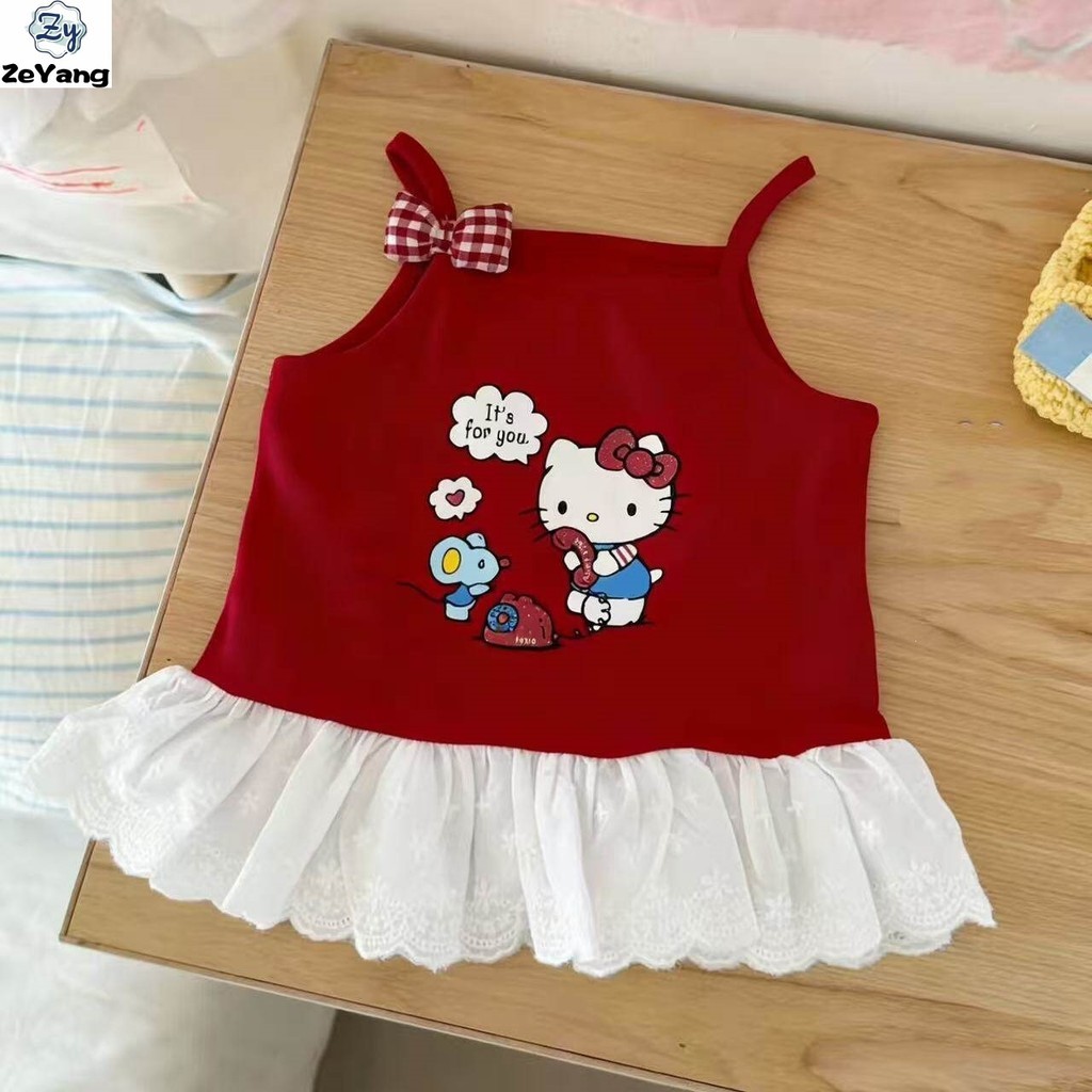 [ซี่] 70-130 พร้อมสต็อกเด็กเสื้อกั๊กผ้าฝ้ายแท้สีแดงสบายๆสลิงขนาดเล็กเด็กสาวลูกไม้แขนกุดด้านบนการ์ตูนเสื้อกั๊กแฟชั่นเสื้อผ้าเด็กจัดส่งที่รวดเ