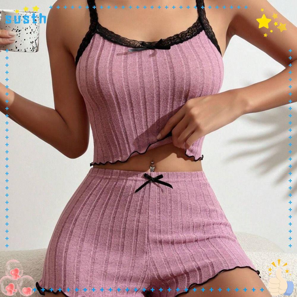SUSTH 2 ชิ้นผู้หญิง Ribbed ถักชุดนอนชุด,น่ารักลูกไม้ Trim Lettuce Hem กางเกงขาสั้น, Soft Bow Cami Cr
