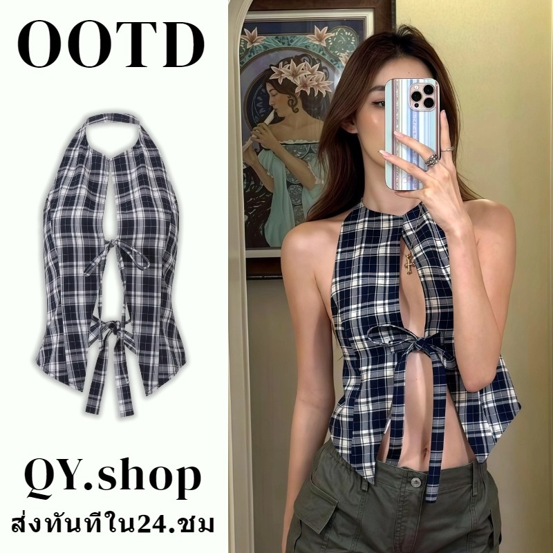 QY.shop เสื้อผู้หญิงแขนกุดเปิดไหล่ลายตารางผูกโบว์ฤดูร้อน เข้ารูป ทำให้ดูผอม เซ็กซี่ ผ้านุ่ม-FY5131