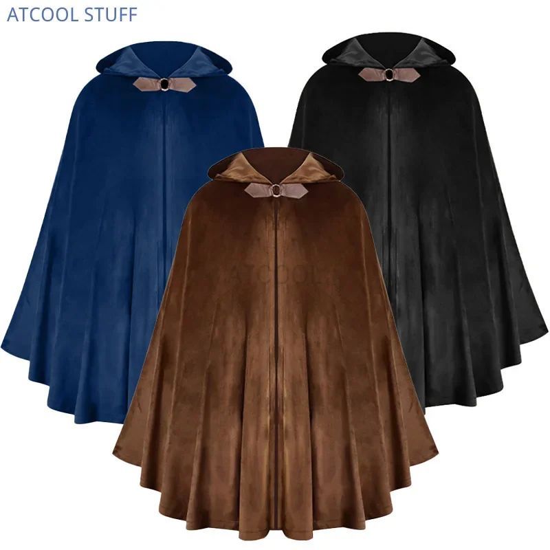 ผู้ใหญ่ Unisex Vking Hooded Cape Renaissance Velvet Archer Hunter Cloak Victorian Capelet ยุคกลางฮาโ