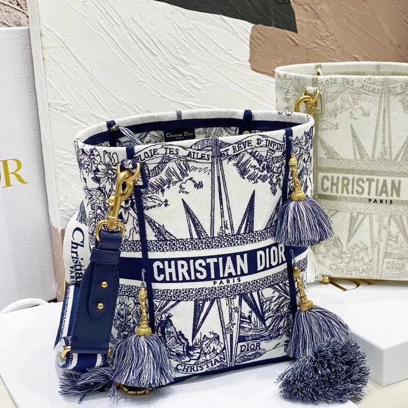 DIOR D-Bubble Bucket Bag ลายดาว สะพาย-crossbody