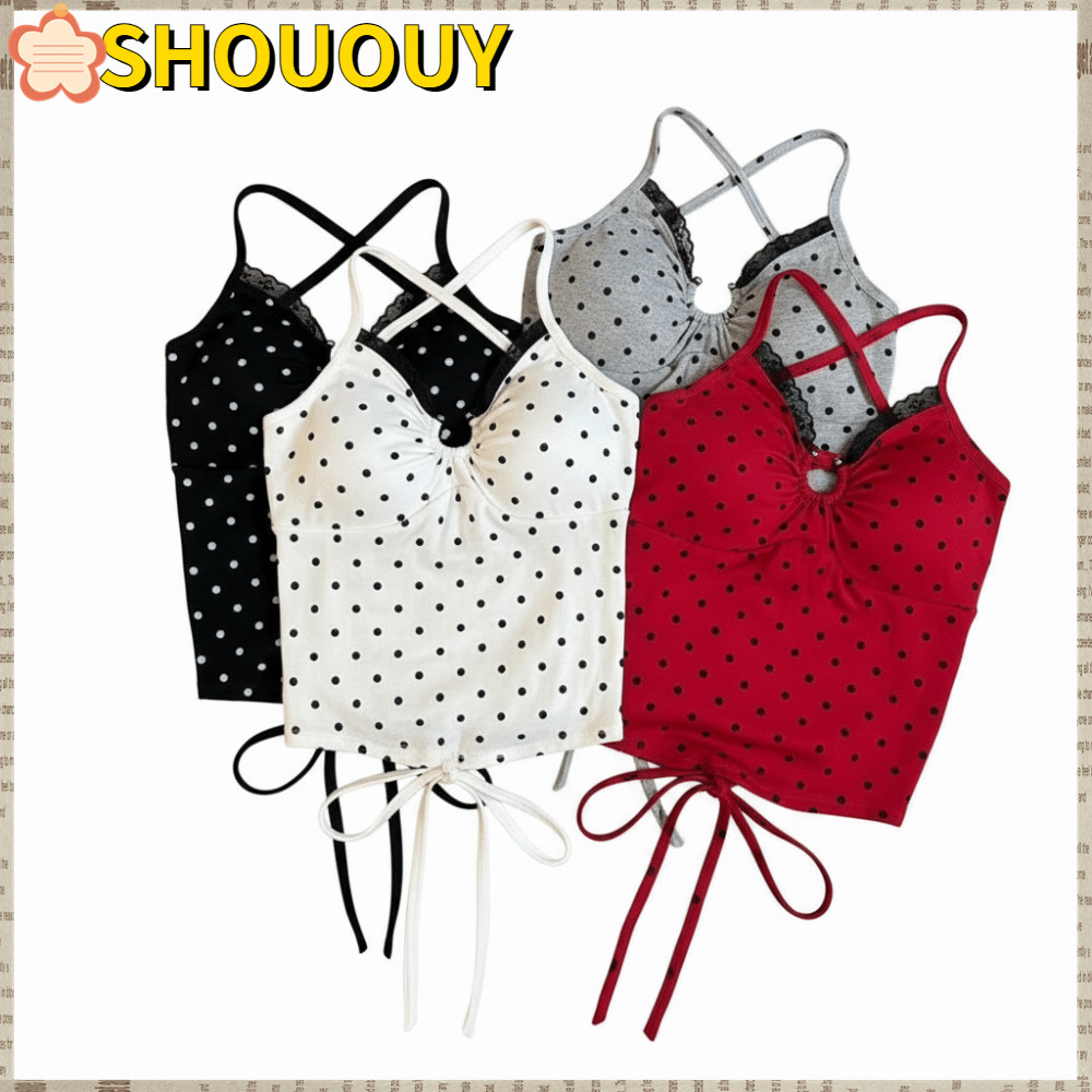 SHOUUY Polka Dot ผ้าฝ้าย,สปาเก็ตตี้ V คอออกแบบ Crop Vest Tops, ลูกไม้หวาน Cross Backless Ropa Mujer 