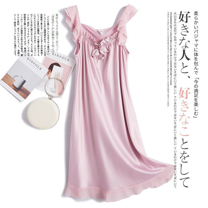 睡衣女夏季冰丝感吊带韩版可爱公主无袖宽松大码薄款丝绸睡裙Fuyang Princess style sleepwear with lace and sweet camisole, girls' pur