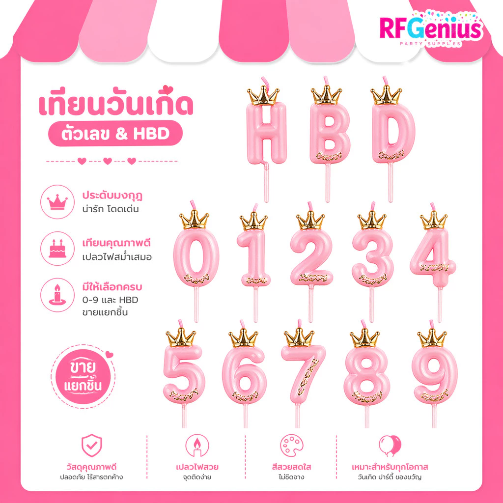 เทียนวันเกิดตัวเลข HBD สีชมพู ประดับมงกุฏตัวเลขอาราบิก ครบทุกตัว ขายแยกชิ้น
