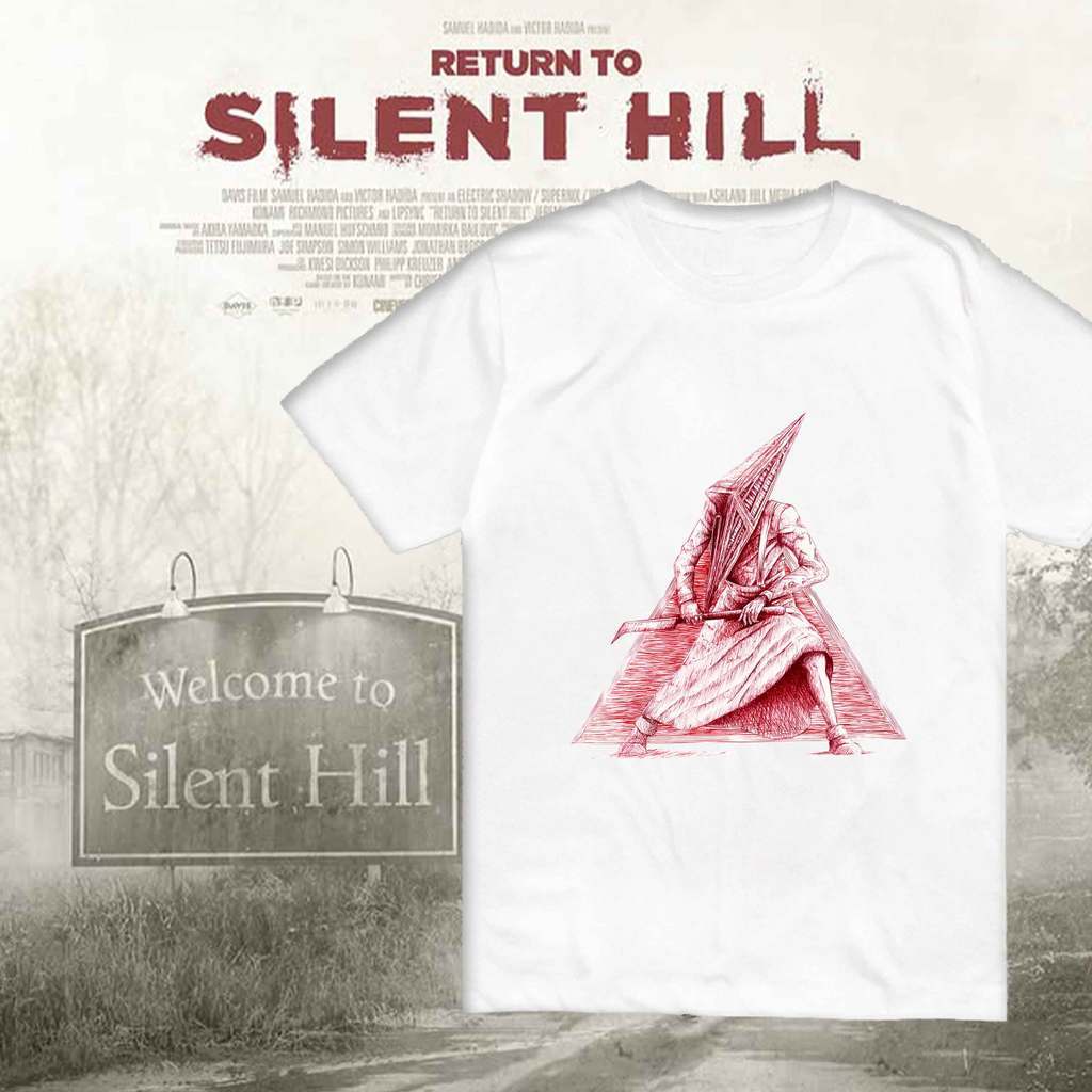 เสื้อยืดผ้าฝ้าย100% ลาย Silent Hill Pyramid Head Sketch สีขาวสไตล์เกมสยองขวัญ ยอดฮิต S-5XL