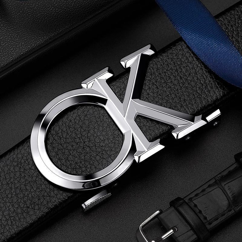 [คลังสินค้าพร้อม] CK High-End หัวเข็มขัดอัตโนมัติหนังแท้ Casual Letter หัวเข็มขัดโลหะหนังวัว 4.27