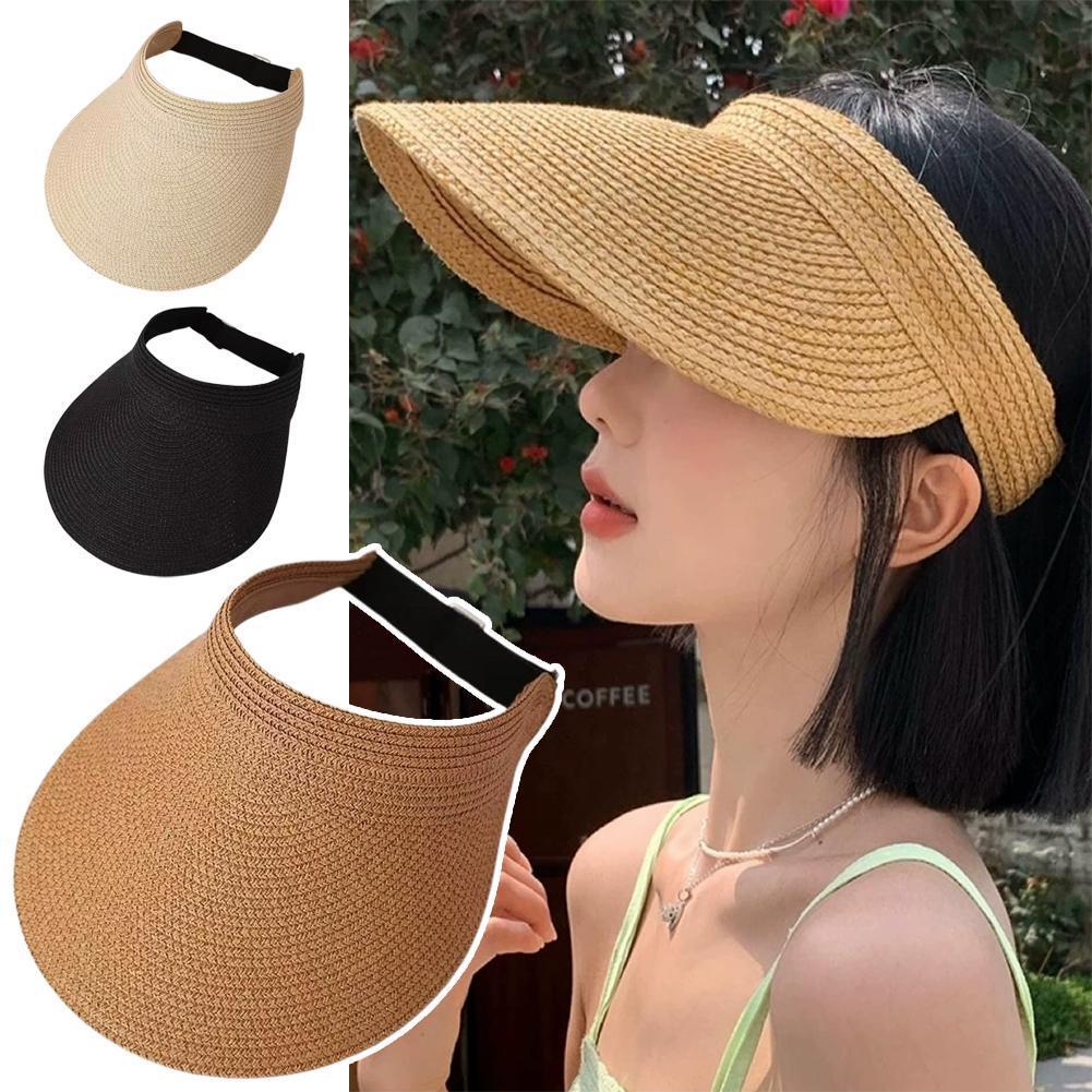 ฤดูร้อน Hollow Sun หมวกผู้หญิงกว้าง Brim Outdoor Travel Visor หมวกฟางทอแถบคาดศีรษะสไตล์ U9y9