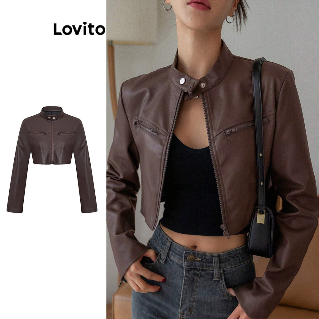 Lovito แจ็คเก็ตลำลองสำหรับทุกฤดูกาล กันลม/แจ็คเก็ตกันน้ำแบบมีซิปสำหรับผู้หญิง L106AD280