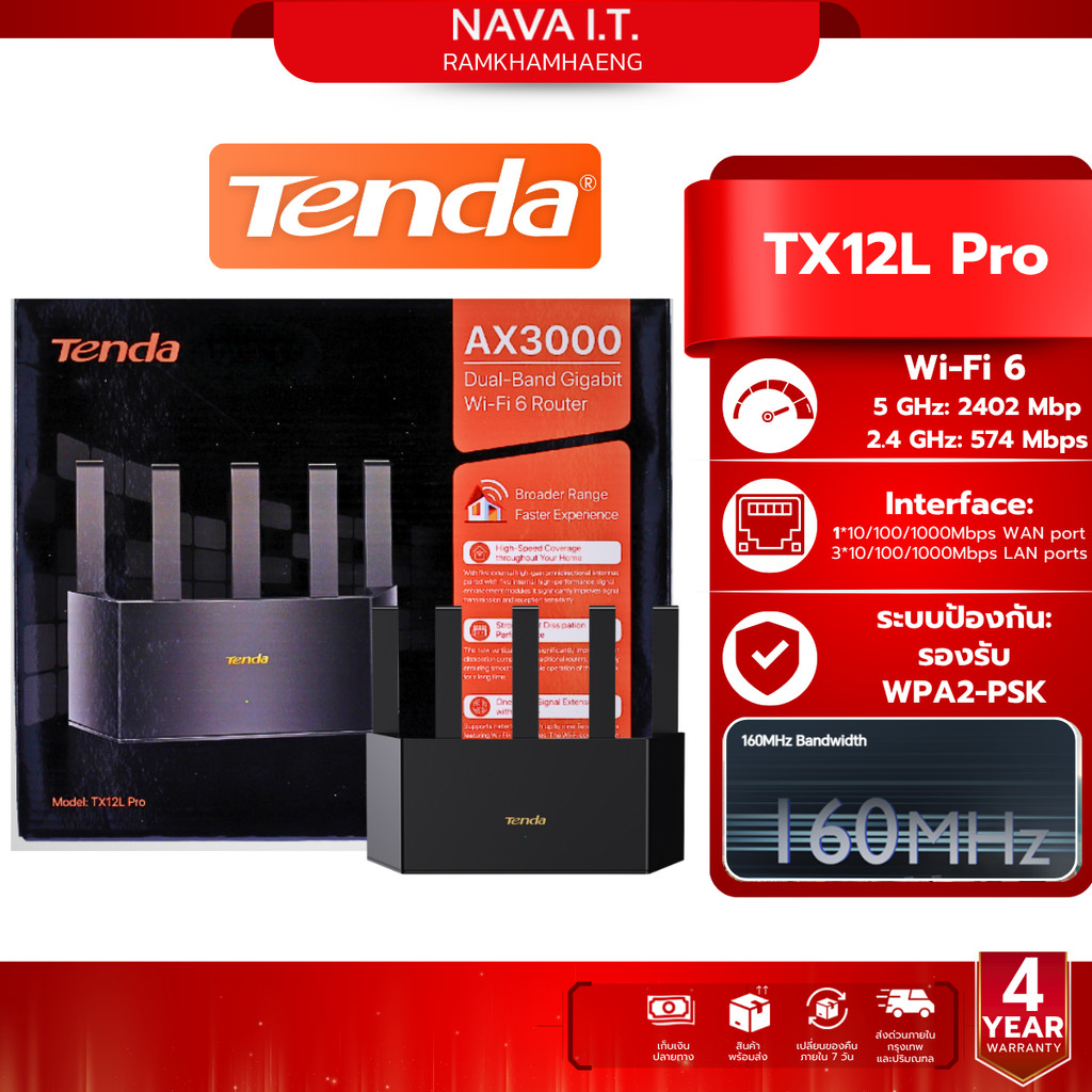 Tenda TX12L PRO AX3000 DUAL BAND GIGABIT เราเตอร์ Wi-Fi 6 (TX12L PRO) รับประกัน 4 ปี
