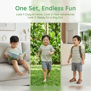 [Cotton Life]เสื้อยืดแขนสั้นลายทางเด็กผู้ชาย กางเกงลำลอง ใส่ไปโรงเรียน ออกไปเที่ยว