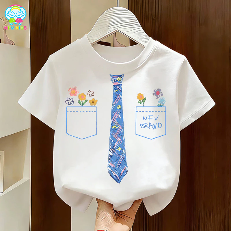 【ส่งจากกรุงเทพฯ】NFV KIDS เสื้อยืดแขนสั้นเด็ก✨ซึบซับเหงื่อ ระบายอากาศ ผ้าหนายับยากรีดง่าย ลายพิมพ์เนคไทสีน้ำเงิน YG1349