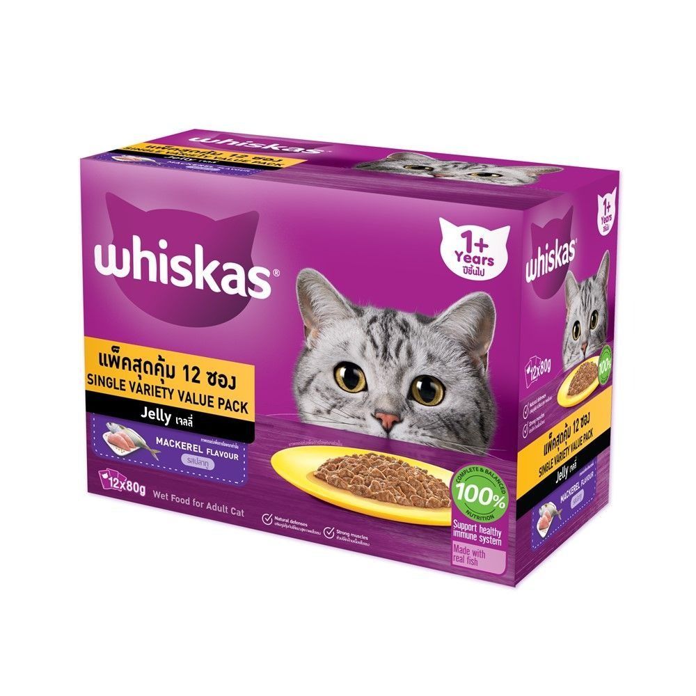 วิสกัส อาหารแมว ชนิดเปียก แมวโต รสปลาทู 80กX12ซอง WHISKAS CAT ADULT WET MACKEREL 80GX12PCS