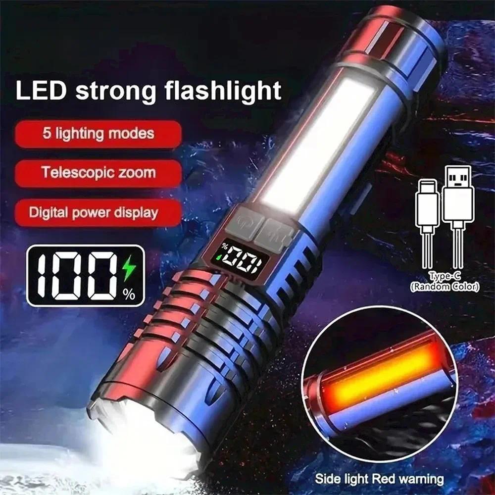 ไฟฉาย LED กำลังสูงของไฮนาสท์ไฟฉาย COB แบบชาร์จไฟได้ TYPE-C อันทรงพลังพร้อมไฟฉายด้านข้างสำหรับการเดินป่าตั้งแคมป์กลางแจ้ง